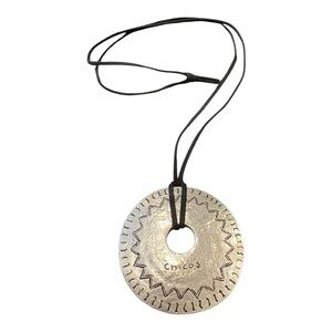 Chico’s Silver Tone Round Pendant Necklace Tribal Engraved Medallion Design J14